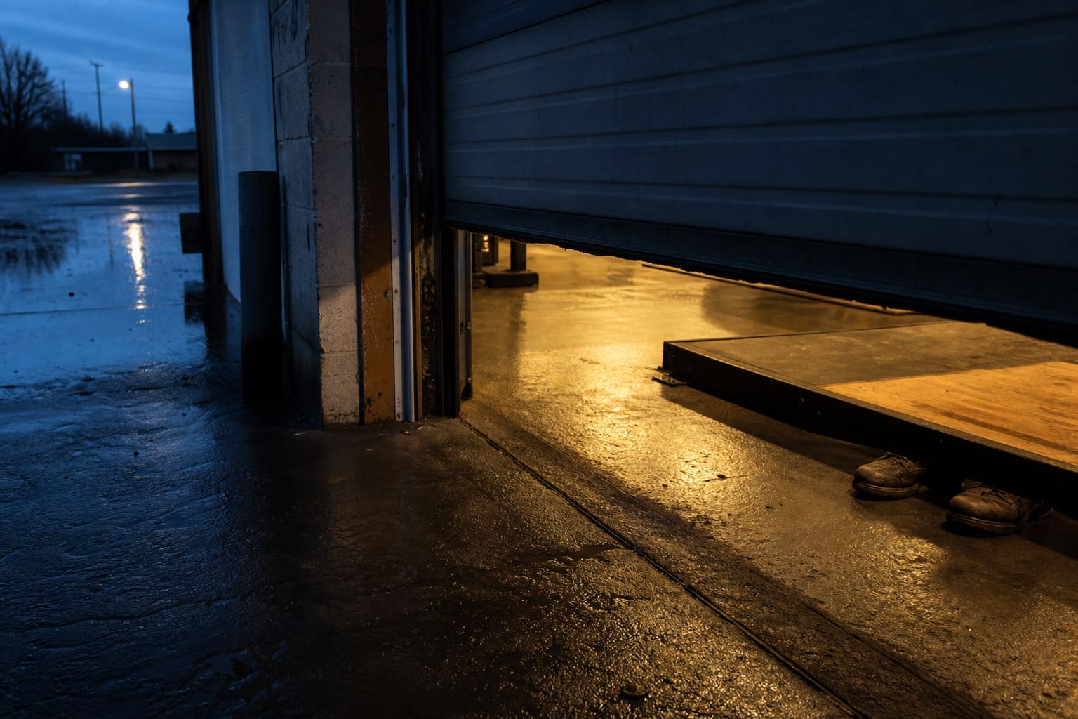 A half-open loading dock door before dawn, work light spilling onto wet concrete.
