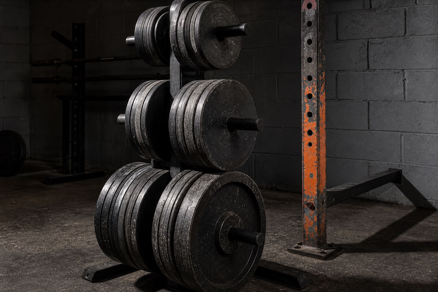 Cast-iron plates on a storage tree beside a safety-orange rack upright.