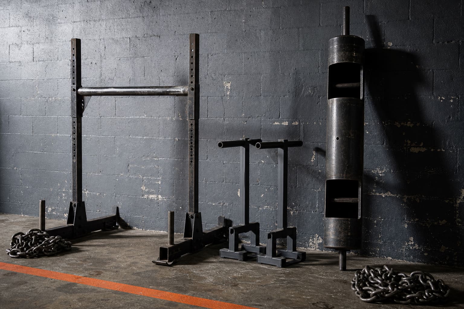 A strongman yoke, farmer's handles, and a log press racked against a block wall.